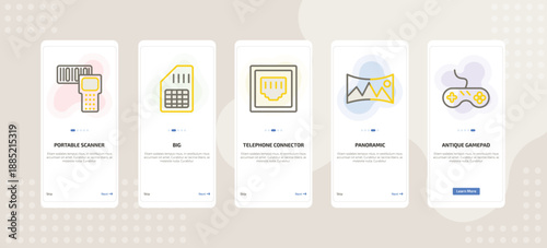 onboarding screen template for technology mobile app ui with portable scanner, big, telephone connector, panoramic, antique gamepad icons.