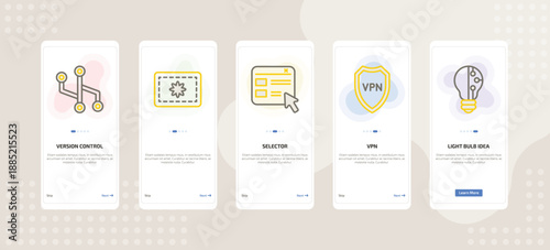 onboarding screen template for technology mobile app ui with version control, , selector, vpn, light bulb idea