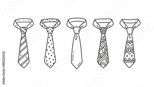 Collection of hand drawn neckties in black outline style. Set of 5 doodle ties with striped, dot, and geometric patterns. Men business accessory vector isolated on white background.