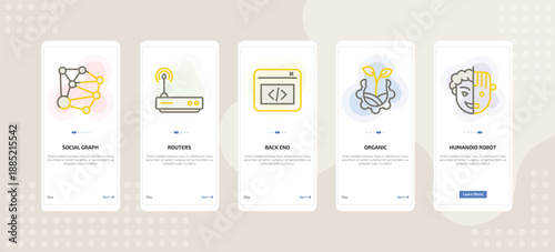 onboarding screen template for technology mobile app ui with social graph, routers, back end, organic, humanoid robot icons.