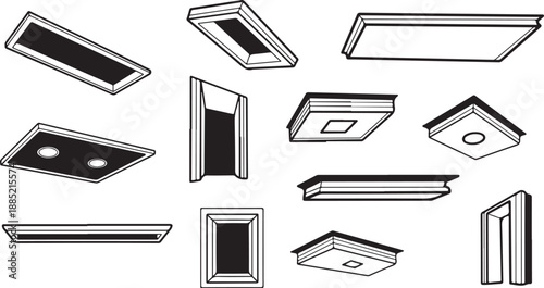 Various ceiling light fixtures and skylights in black outline