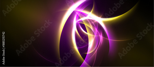 Abstract swirls, vibrant purple, gold hues create dynamic energy. Light radiates from central point, forming flowing patterns. Dark background enhances luminosity.