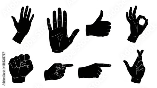 Collection of Black Hand Gestures Silhouettes Isolated on White Background.