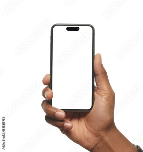 Hand holding smartphone with blank screen on white background, showcasing a mobile phone with a digital display for app or website mockups.