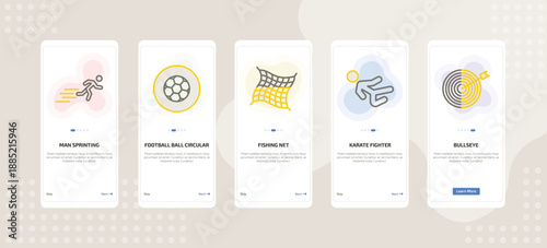 onboarding screen template for fitness mobile app ui with man sprinting, football ball circular, fishing net, karate fighter, bullseye icons.