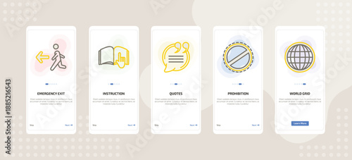 onboarding screen template for signs mobile app ui with emergency exit, instruction, quotes, prohibition, world grid icons.