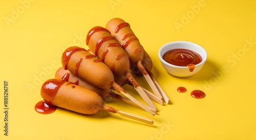Classic American Corn Dogs - Deep Fried Hot Dogs on a Stick with Golden Cornmeal Batter Isolated on yellow