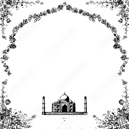 Illustration of the taj mahal framed by floral archway and corner floral designs in black and white style