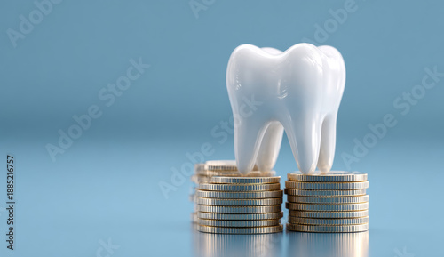 Dental health concept with a detailed white ceramic tooth model atop stacks of gold coins on a light blue background