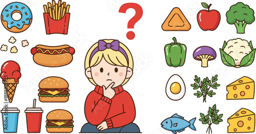 Healthy and unhealthy food choice illustration for kids with thinking child vegetables fruits and junk food icons