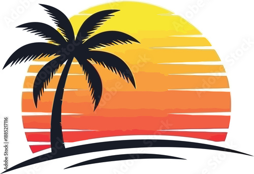 Vector illustration of a tropical beach island featuring a palm tree silhouette against a summer sunset sky over the ocean sea landscape for travel and vacation design