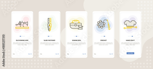 onboarding screen template for sew and craft mobile app ui with old sewing hine, slide fastener, sewing box, crochet, hand craft icons.