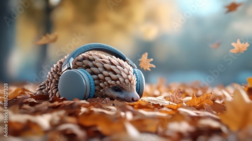A pangolin enjoying music with tiny headphones while lounging on fallen leaves.