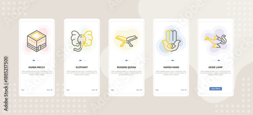 onboarding screen template for religion mobile app ui with kaaba mecca, elephant, reading quran, hamsa hand, genie lamp icons.