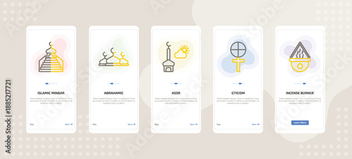 onboarding screen template for religion mobile app ui with islamic minbar, abrahamic, assr, gticism, incense burner icons.