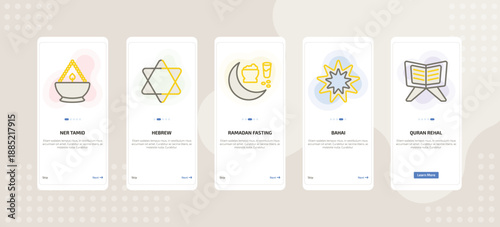 onboarding screen template for religion mobile app ui with ner tamid, hebrew, ramadan fasting, bahai, quran rehal icons.