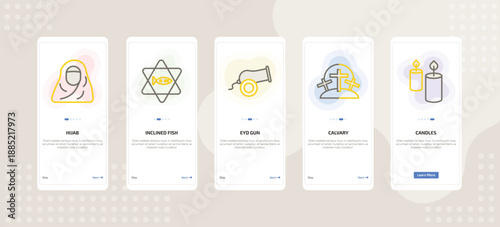 onboarding screen template for religion mobile app ui with hijab, inclined fish, eyd gun, calvary, candles icons.