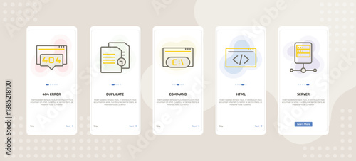 onboarding screen template for IT mobile app ui with 404 error, duplicate, command, html, server icons.
