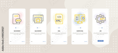 onboarding screen template for IT mobile app ui with seo report, bug report, xml, computing, api icons.