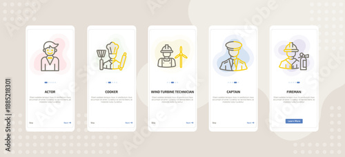 onboarding screen template for career and work mobile app ui with actor, cooker, wind turbine technician, captain, fireman icons.