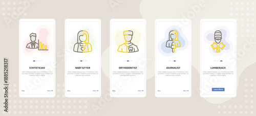 onboarding screen template for career and work mobile app ui with statistician, baby sitter, orthodontist, journalist, lumberjack icons.