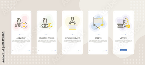 onboarding screen template for career and work mobile app ui with accountant, marketing manager, software developer, director, librarian icons.