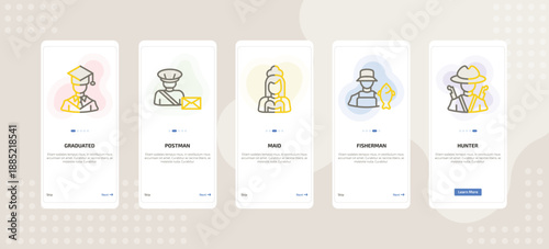 onboarding screen template for career and work mobile app ui with graduated, postman, maid, fisherman, hunter icons.