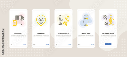 onboarding screen template for people mobile app ui with book keeper, alien smile, helping other to jump, women dress, children in school icons.