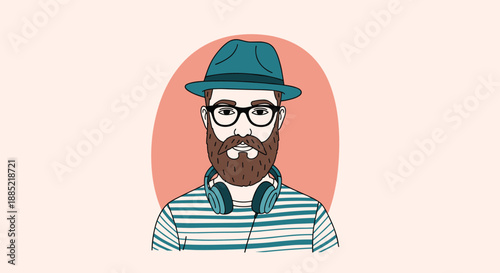 A portrait of a stylish hipster man with a full beard wearing glasses a fedora and headphones around his neck in a retro style.