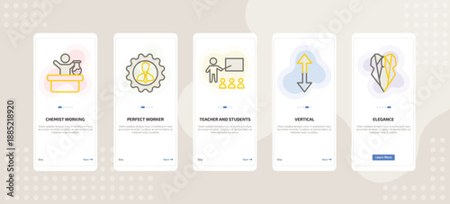 onboarding screen template for people mobile app ui with chemist working, perfect worker, teacher and students, vertical, elegance icons.