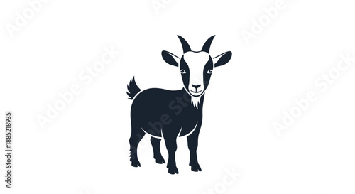 Simple and charming black and white silhouette icon of a young goat standing and looking forward perfect for a farm or nature logo.