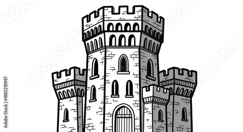 Black and white line art illustration of a medieval castle keep with stone towers and battlements in a classic cartoon style.