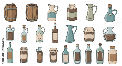Large collection of vintage containers including wooden barrels glass bottles jugs and jars in a colorful hand-drawn style.