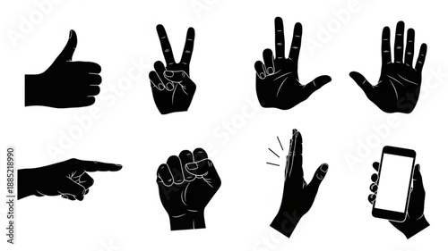 Collection of Diverse Hand Gestures and Symbols in Silhouette.