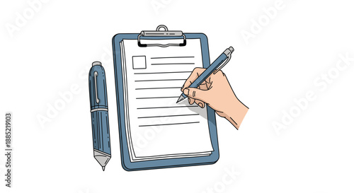 Hand-drawn illustration of a hand writing on a document attached to a clipboard with a fountain pen nearby for signing contracts.