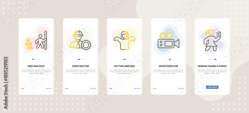 onboarding screen template for people mobile app ui with hide and seek, constructor, getting dressed, movie director, woman taking a photo icons.