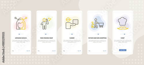 onboarding screen template for people mobile app ui with japanese geisha, man making soap bubbles, curier, father and son shopping, chief icons.