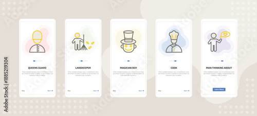 onboarding screen template for people mobile app ui with queens guard, landkeeper, magician boy, cook, man thinking about love icons.