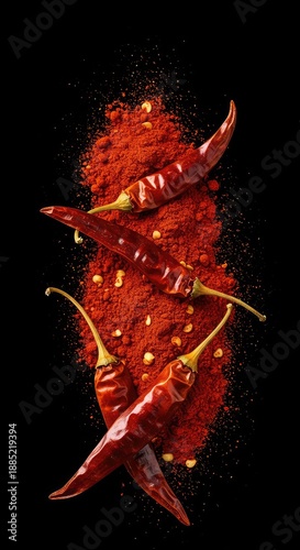 Fiery red powdered pepper and whole dried chiles arranged dramatically, representing intense culinary heat, flavor, and pungent taste ,pepper ,flavor ,capsaicin