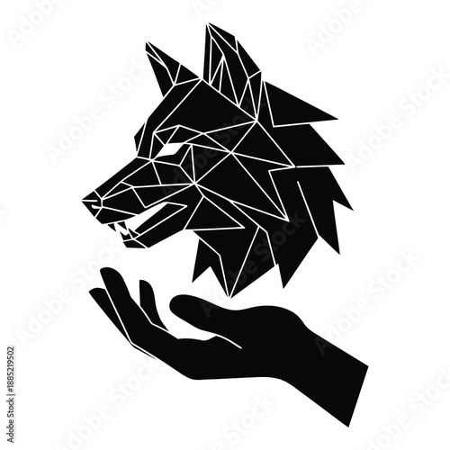 A black and white geometric illustration of a wolf's head held in the palm of a human hand on white background. on white background