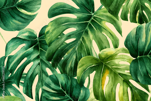 Green leaves arranged in a pattern showing details of tropical plants in a bright and vibrant setting