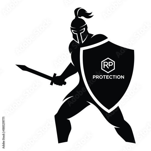 Black silhouette of a Spartan warrior holding a sword and large shield with rp protection logo on white background