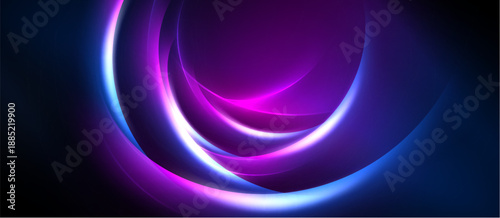 Abstract design features layered luminous circles. Vivid purple, blue hues dominate dark background. Smooth gradients create dynamic visual effect.