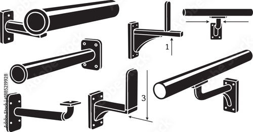 Industrial Pipe Fittings and Mounting Brackets in Black Diagrams