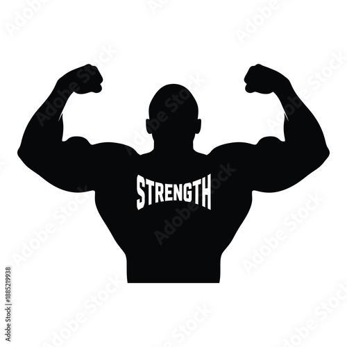 Silhouette graphic featuring a powerfully built bodybuilder flexing biceps displaying the word strength concept on white background