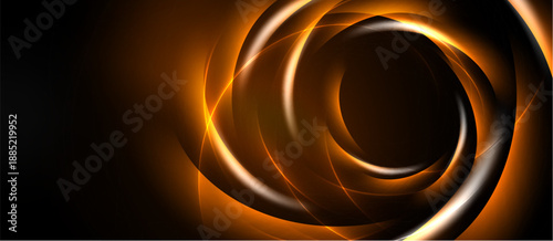 Abstract swirling lines create luminous vortex. Warm orange glows against dark background. Dynamic energy radiates from central point.