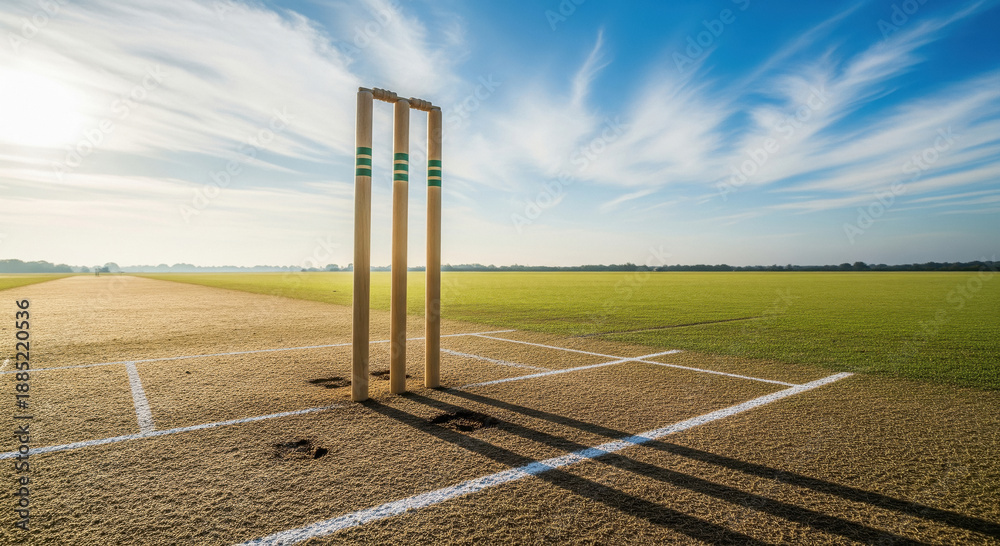Naklejka premium Empty Cricket Pitch with Stumps in Early Morning Light