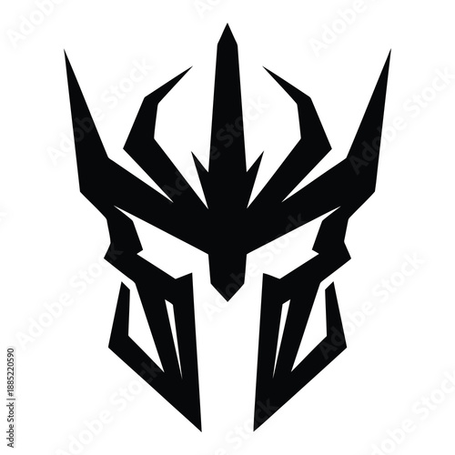 Abstract black robotic warrior helmet insignia design representing futuristic technological faction identity symbol on white background