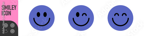 Color smiley face icons showing happy emoticons, emotions and positive reactions, different expressions: a standard smile, a playful wink, and a happy grin. for feedback, ratings, and friendly design