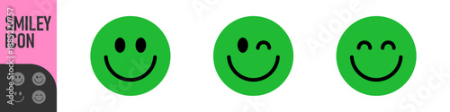 Color smiley face icons showing happy emoticons, emotions and positive reactions, different expressions: a standard smile, a playful wink, and a happy grin. for feedback, ratings, and friendly design